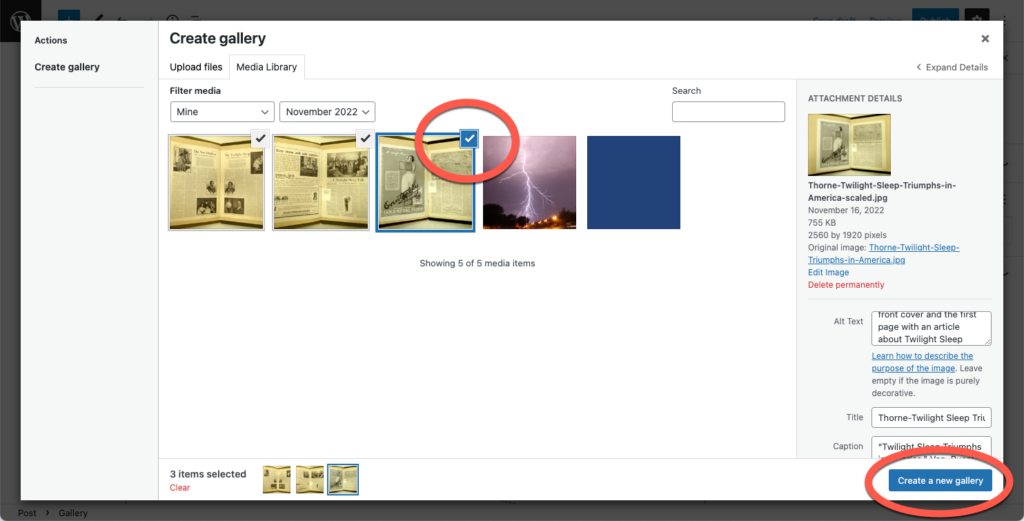 The create gallery window with a blue checkbox circled in red to show how to select images in the gallery, and the create new gallery button circled in red to indicate it should be selected to create the gallery