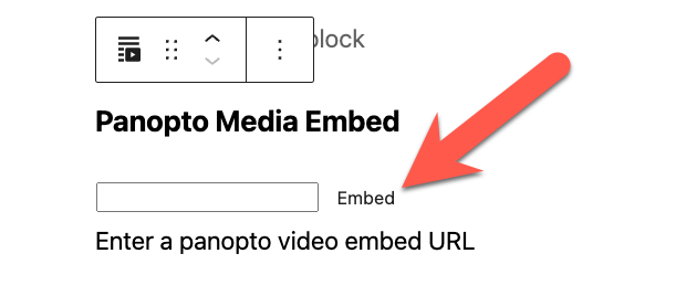 a panopto block with an arrow pointing to the embed button