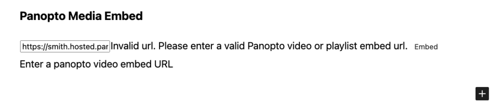 The panopto embed block with a url displaying an error message