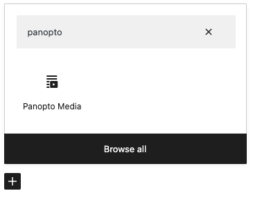 The panopto block in the block inserter with the word panopto typed into the search bar