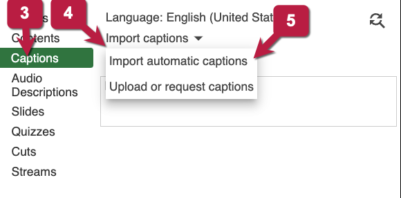 The steps to import captions