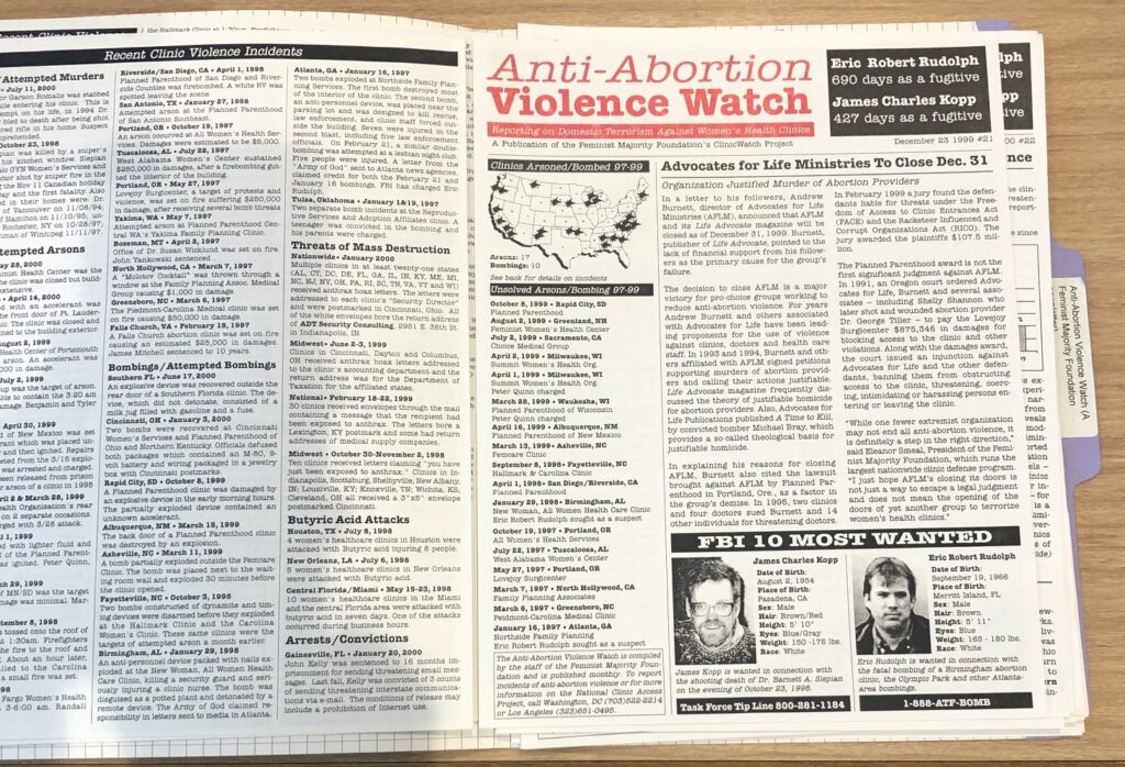 A photograph of a copy of the Anti-Abortion Violence Watch (1999), a Feminist Majority Foundation newsletter that focussed entirely on the anti-abortion violence that happened all across the U.S.. This same situation could well happen after the overturn of Roe.