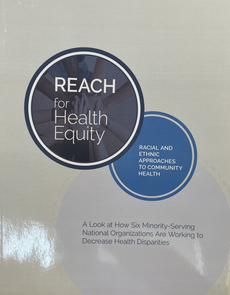 The cover of a publication called Reach for Health Equity. It has a grey background and overlapping blue circles containing text.