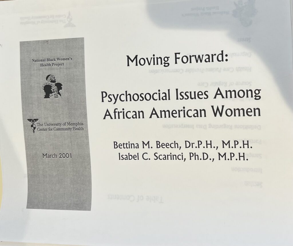 The cover of a study titled Moving Forward: Psychosocial Issues Among African American Women. It is a white page with black text