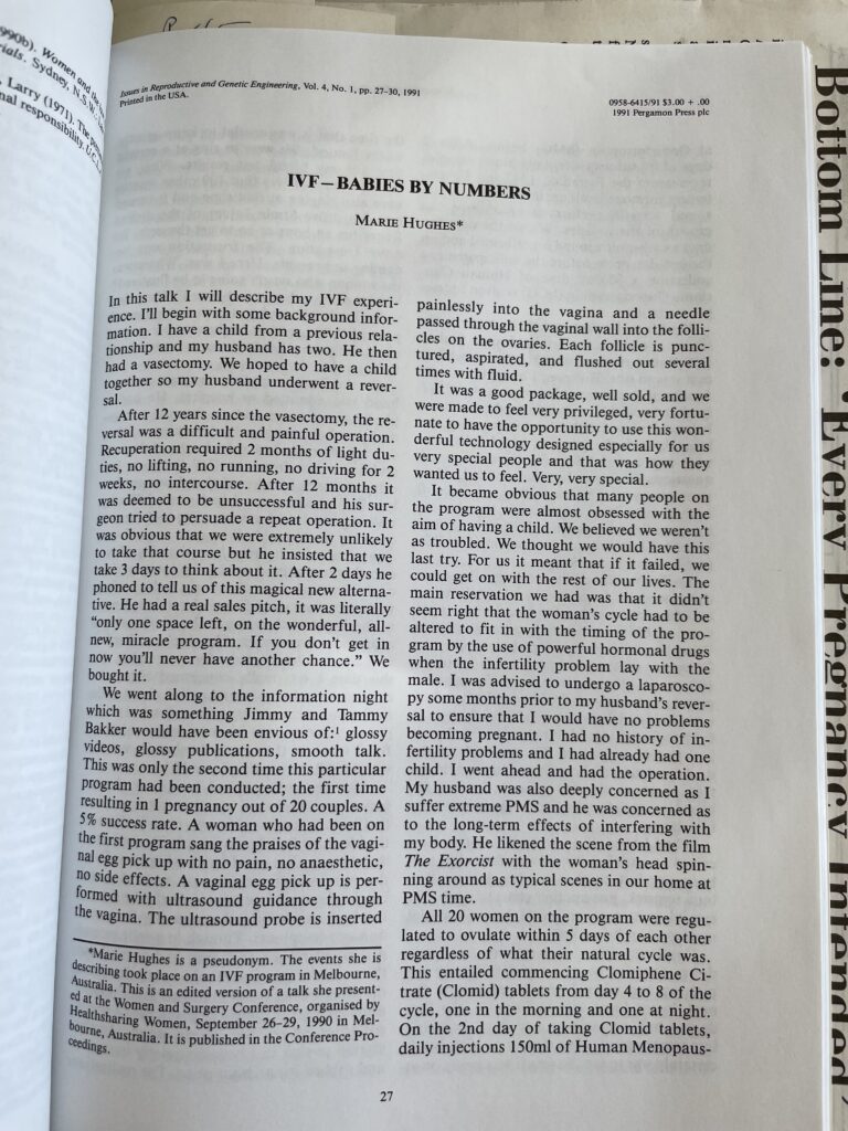 Photo of a page from a journal, the title of which says "IVF - BABIES BY NUMBERS" by Marie Hughes. The article talks about the experience of one woman going through the IVF process and the low rate of success of this technology.