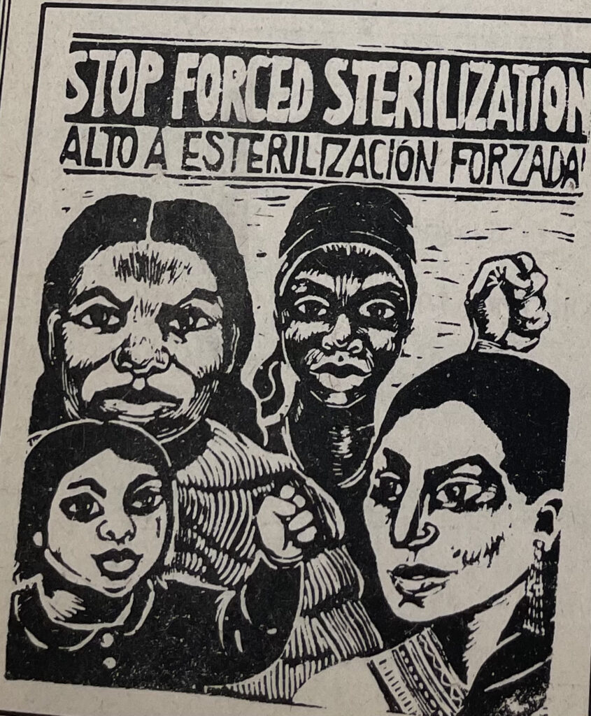 A drawing of four different woman all holding up a fist. There are words on top of the that says "STOP FORCED STERILIZATION"
Below that, it says "ALTO A ESTERILIZACIÓN FORZADA"
