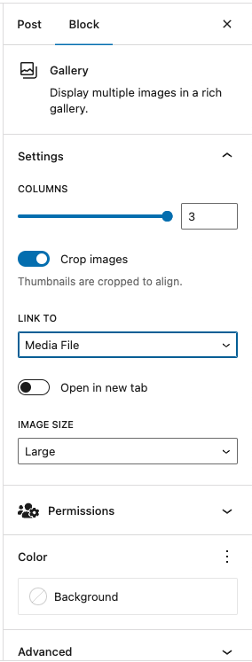 Gallery block additional settings open in the Settings sidebar