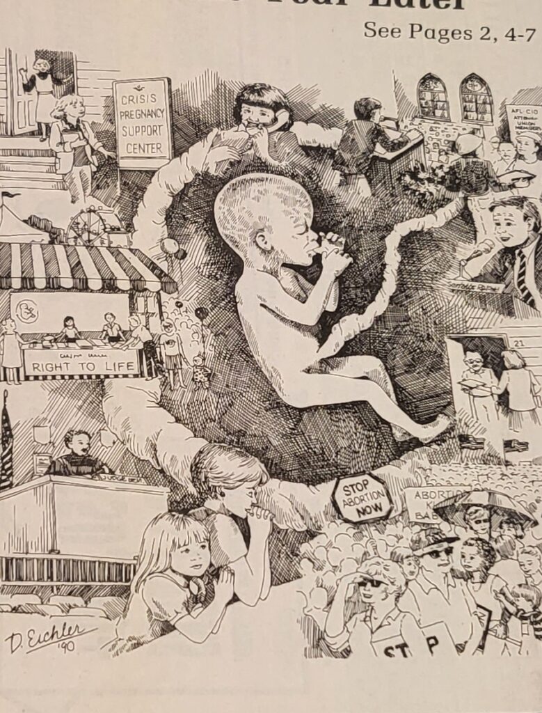 Picture of an illustration from a pro-life newsletter, showing a fetus surrounded by people engaging in anti-abortion activism. 