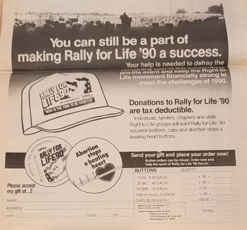 advertisement to donate finds to the Rally for life of '90, featuring merchandise like hats and pins. 