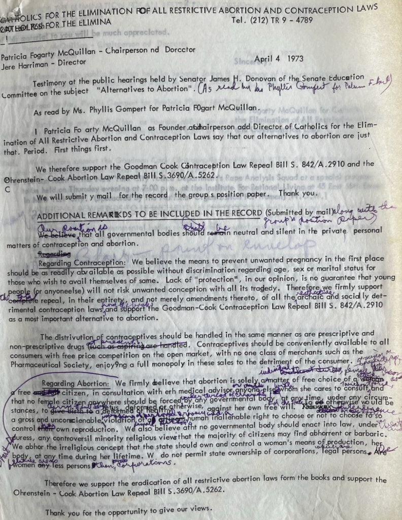1973 testimony by Patricia McQuillian with handwritten notes 