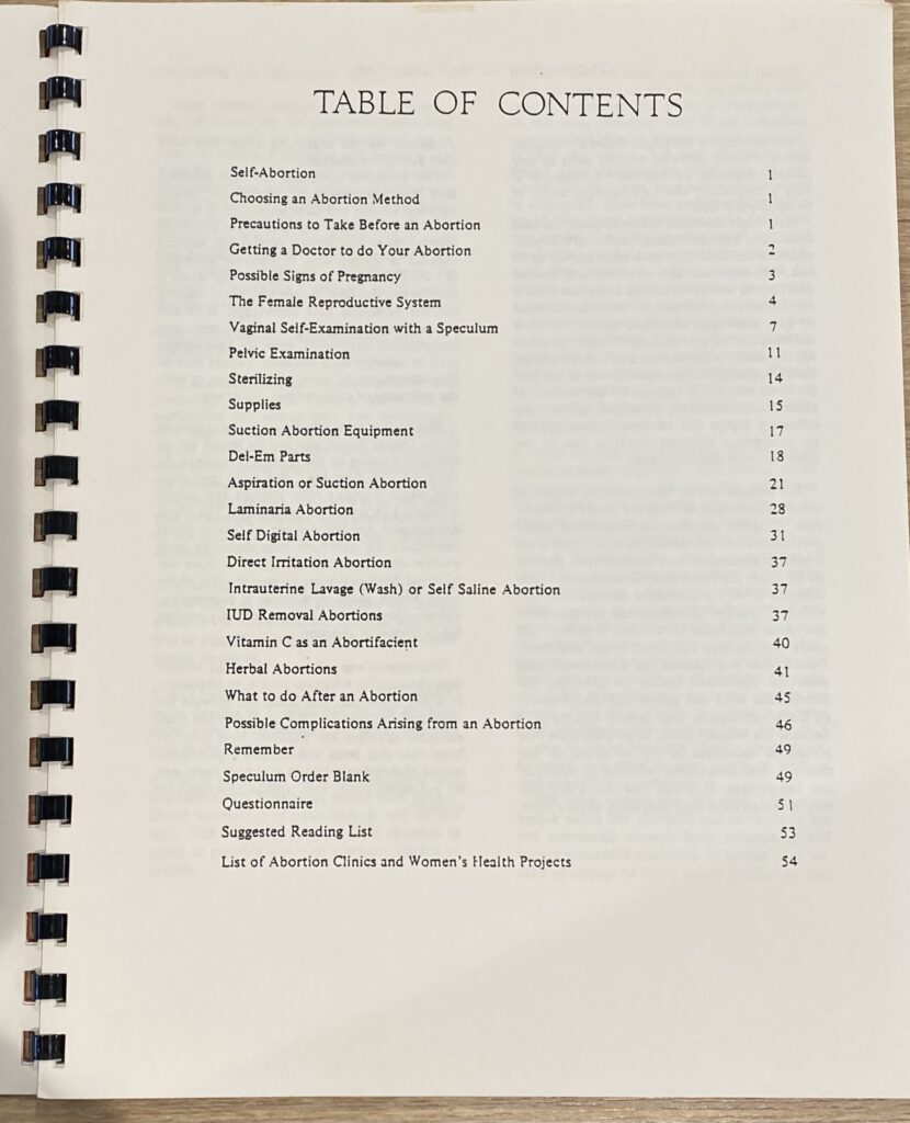 Table of Contents from "When Birth Control Fails: How To Abort Ourselves Safely" by Suzann Gage from the Women's Health Specialists of California records, Sophia Smith Collection