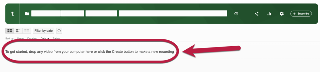 The Panopto interface with a circle surrounding the text "To get started, drop any video from your computer here or click the Create button to make a new recording"