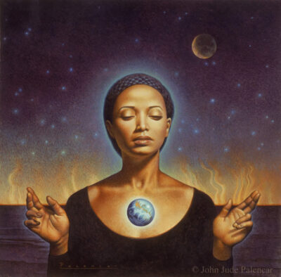 Cover art from Octavia Butler's "Parable of the Sower" by John Jude Palencar, depicting a woman with a planetary orb on her chest in front of a burning horizon of a starry sky.