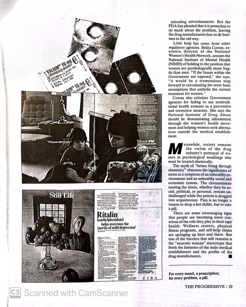 magazine advertisements for Ritalin and Valium targeted towards houswifes