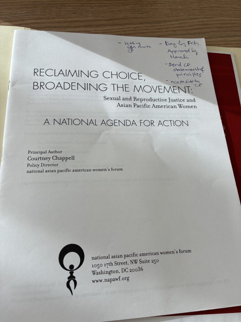 An annotated booklet titled "Reclaiming Choice, Broadening the Movement: Sexual and Reproductive Justice and Asian Pacific American Women"