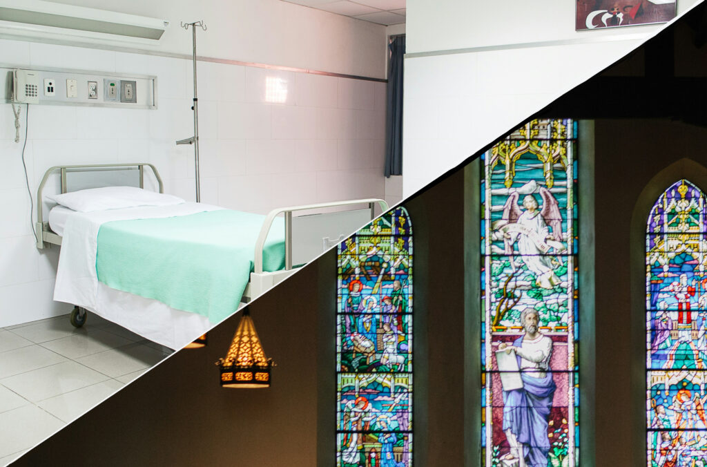 split image of a hospital room and a church
