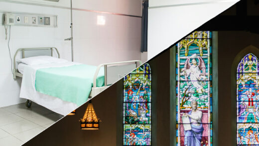 split image of a hospital room and a church