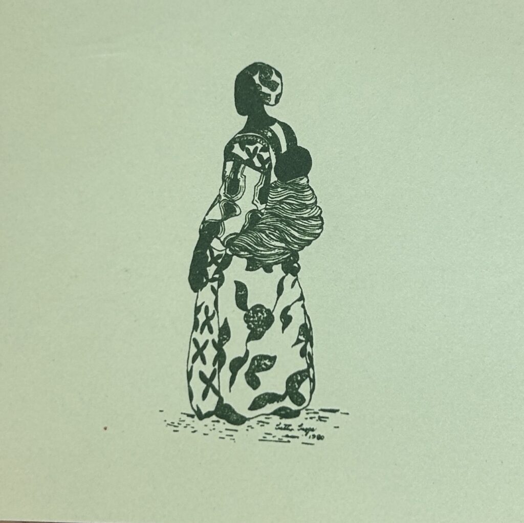An drawing of a woman in African cultural wear (unsure of which African country) while exhibiting babywearing by having a child on her back which is held by cloth.