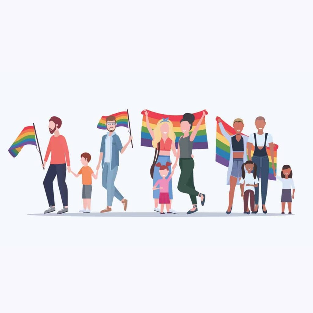 Animation of happy LGBTQ families, pulled from article on the website Undefining Motherhood, written by Katie Huie Harrison