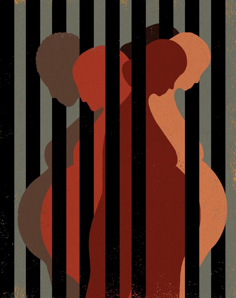Art by Hanna Barczyk depicting silhouettes of pregnant women behind jail bars.