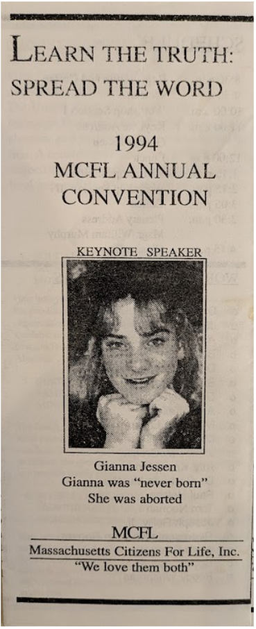 Image of Massachusetts Citizens for Life pamphlet from 1994, including picture of Gianna Jessen
