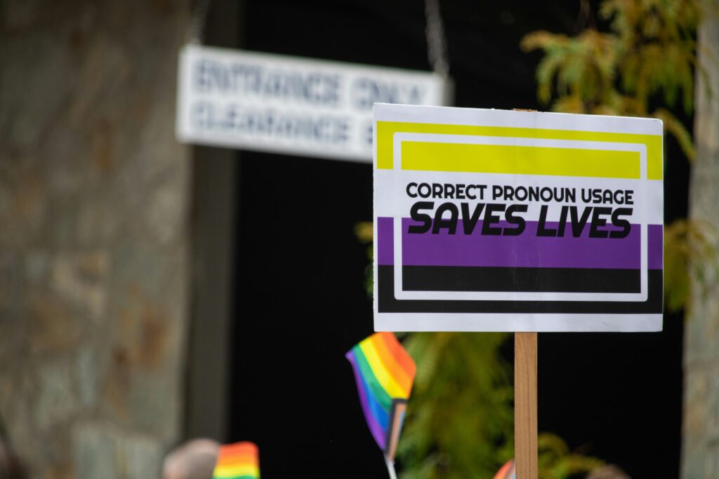 Protest Sign saying "correct pronoun usage saves lives" on the non-binary pride flag