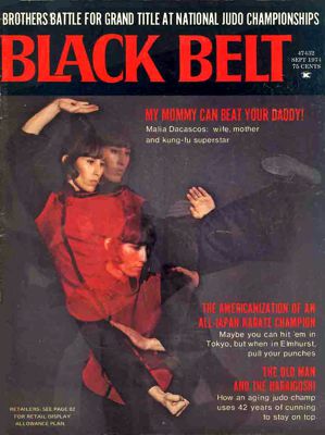 Malia Dacasco depicted on the cover of Black Belt magazine with the caption "My mommy can beat your daddy".
