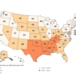 CDC Map of teen birth rates per 1000 females aged 15-19 by state, in 2023