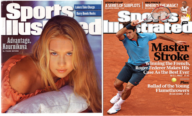 An image of two covers of Sports Illustrated, one showing a male tennis player actively in a match. The other shows an image of a woman not in athletic gear, where you are not able to ascertain the sport she plays or even that she is an athlete.