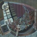 This painting is stylistically aligned with MacIver's work of the late 1940s, and, when viewed alongside her other work, demonstrates the artists versatility and changing style throughout her career. This painting, like "Skylight Moon," captures a moon-beam traveling into a room. The mystical dream-scape represented by the bed harkens back to MacIver's interest in the themes of dreaming and sleeping.