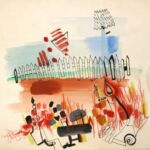This drawing is one of several from this period done using charcoal and vibrant watercolor, which twist and turn everyday scenes into surreal, disjointed collections of color and line.
