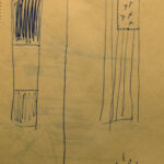 This sketch from June 4, 1961 was completed during the time in which MacIver and Frankenberg first moved to Paris to inaugurate their decade abroad. There are several moments in her work of this period, and in the notes included here, where MacIver reflects on the contrast between Europe and her world back in New York. In this sketch, she is clearly looking at the similarities and differences between her New Yorker and European identities and experiences in a direct way.