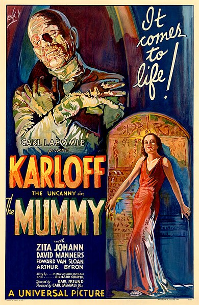 Promotional poster for The Mummy, 1932, depicting illustrations of Imhotep, the film's central monster.