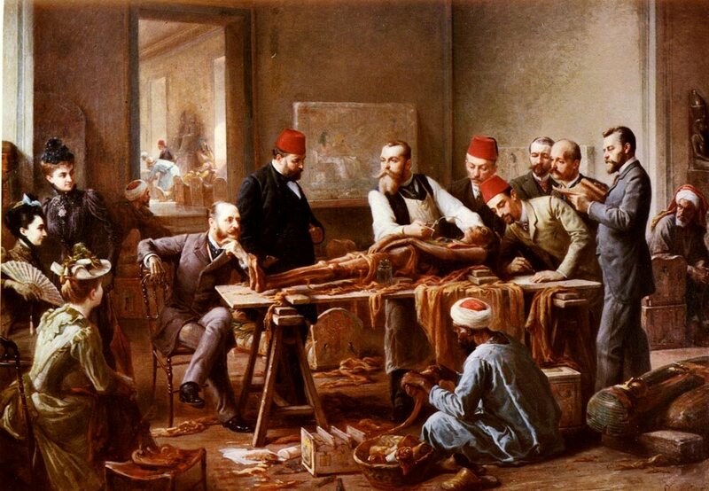 Photo of the painting "Examen d'une momie - Une prêtresse d'Ammon" by French artist Paul Dominique Philippoteaux. The painting depicts several men unwrapping the bandages of an ancient Egyptian mummy before a crowd of onlookers.