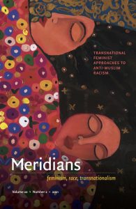 Image description: a painting of 2 women with dark hair, brown skin, and closed eyes sleep side by side under a colorful quilt is the cover of the new Meridians issue. Image by Malak I. M. Matar