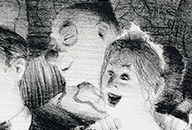 A smiling clown facing right, leaning over the shoulder of a smiling woman.