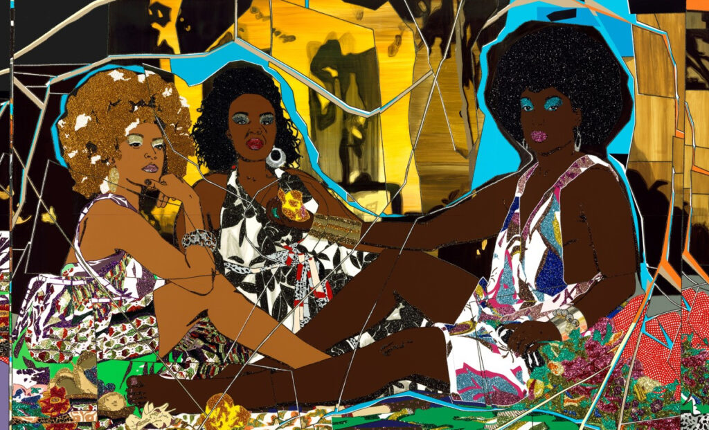Painting titled "Three Graces: Les Trois Femmes Noires" by Mickalene Thomas