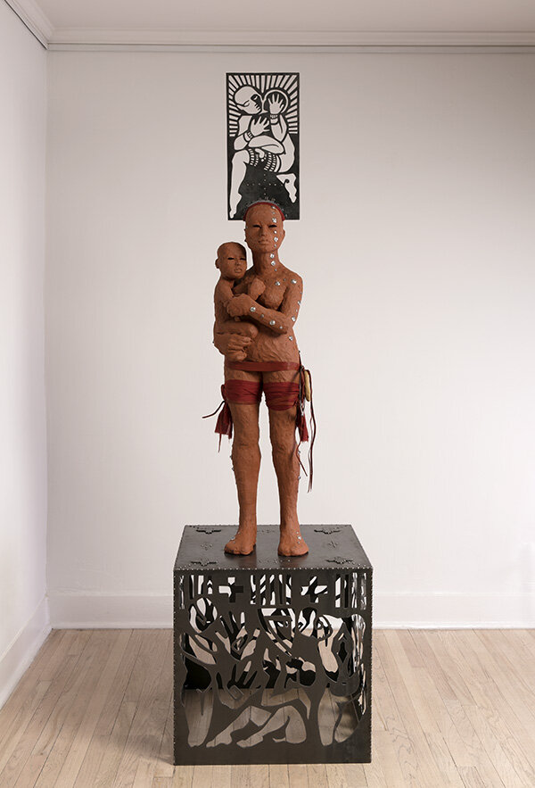 Statue titled "Genesis Squared" by Rose B. Simpson