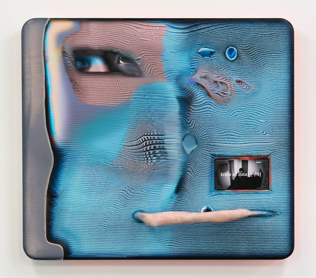Multimedia sculpture titled "data-screen-skin.blue" by Tishan Hsu