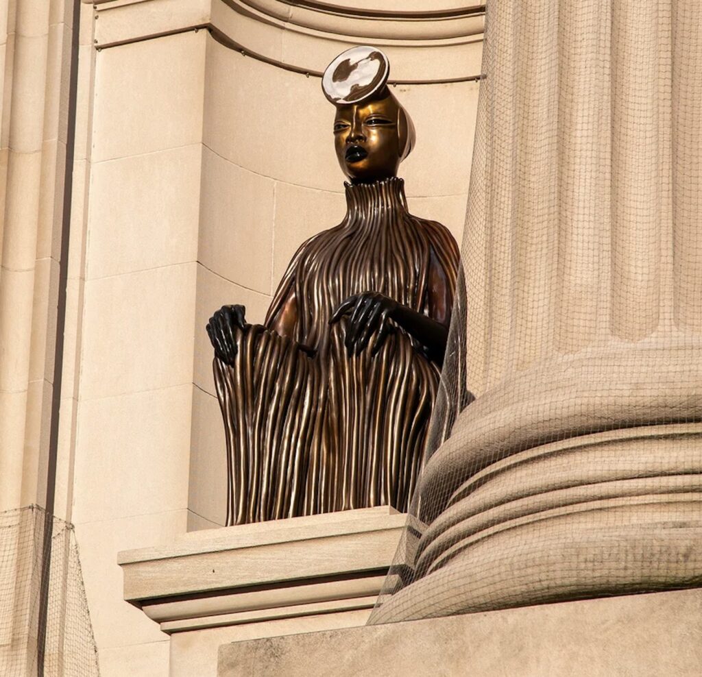 "The seated" a sculpture by Wangechi Mutu in the Met Facade