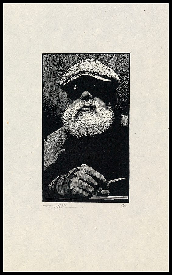 man with a white beard wearing a flat cap facing the viewer with a burin in his proper right hand