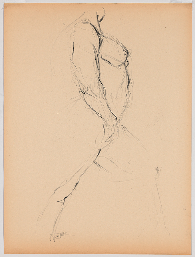 Charcoal drawing of a seated nude woman facing front with her proper left arm on her left thigh, her proper right hand on her right thigh, looking slightly toward the right
