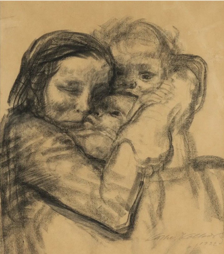 Loose, black and white lithograph of a woman from the chest up tightly embracing two small children