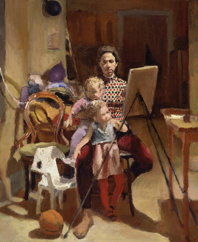 Interior portrait of Katie Schneider painting with two children in a cluttered room