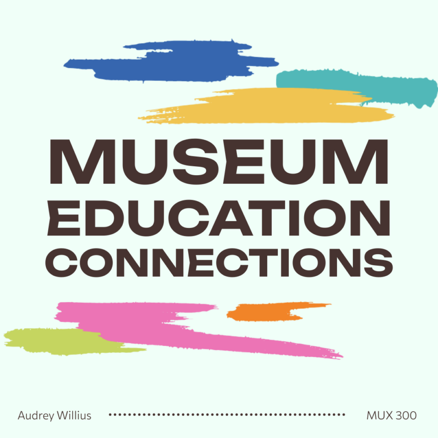 light teal bacground with yellow, blue, pink and green paint brush strokes. Title says Museum Education Connections