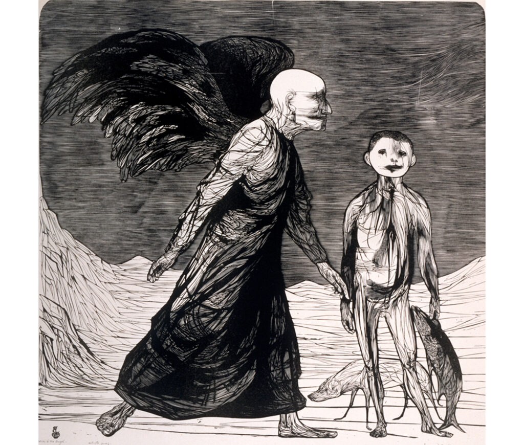 Wood engraving showing an angel with wings and robes standing with an abstracted figure and two surreal animals resembling a fish and a dog