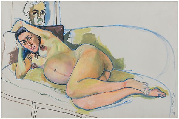 Painting of a pregnant woman lying on a couch with a man's face behind her