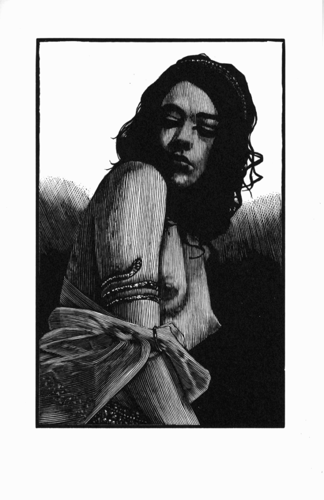 Wood engraving. From Salome; Oscar Wilde showing a partially nude woman from the waist up
