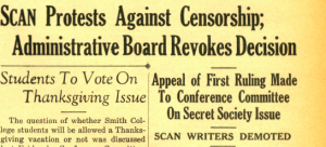 Headline that reads, "SCAN Protests Against Censorship; Administrative Board Revokes Decision: Appeal of First Ruling Made To Conference Committee on Secret Society Issue: SCAN Writers Demoted"