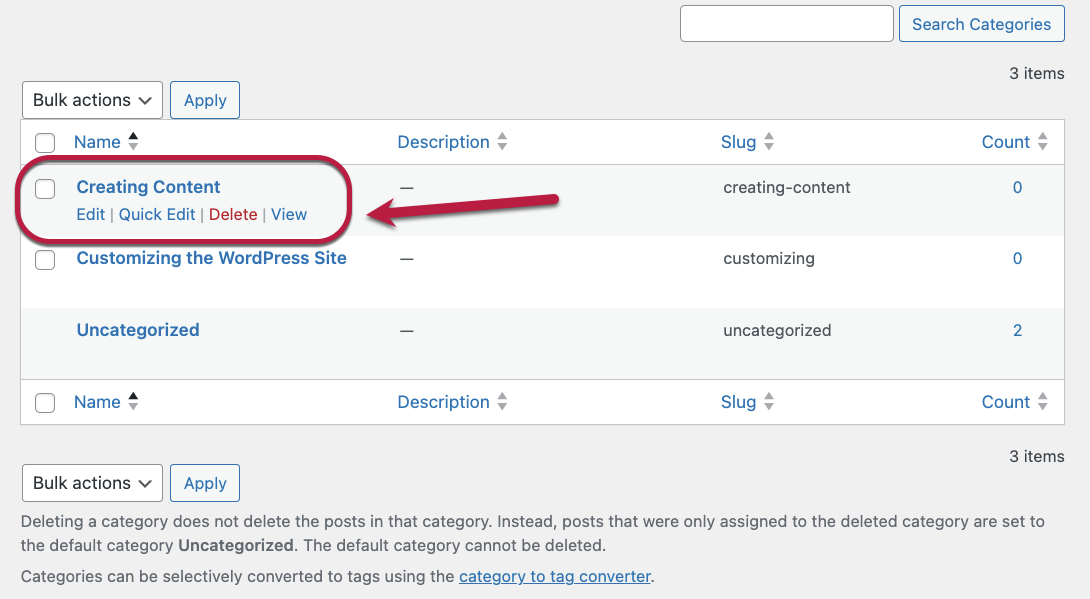 The WordPress Categories screen with a category circled in red to show the quick edit options